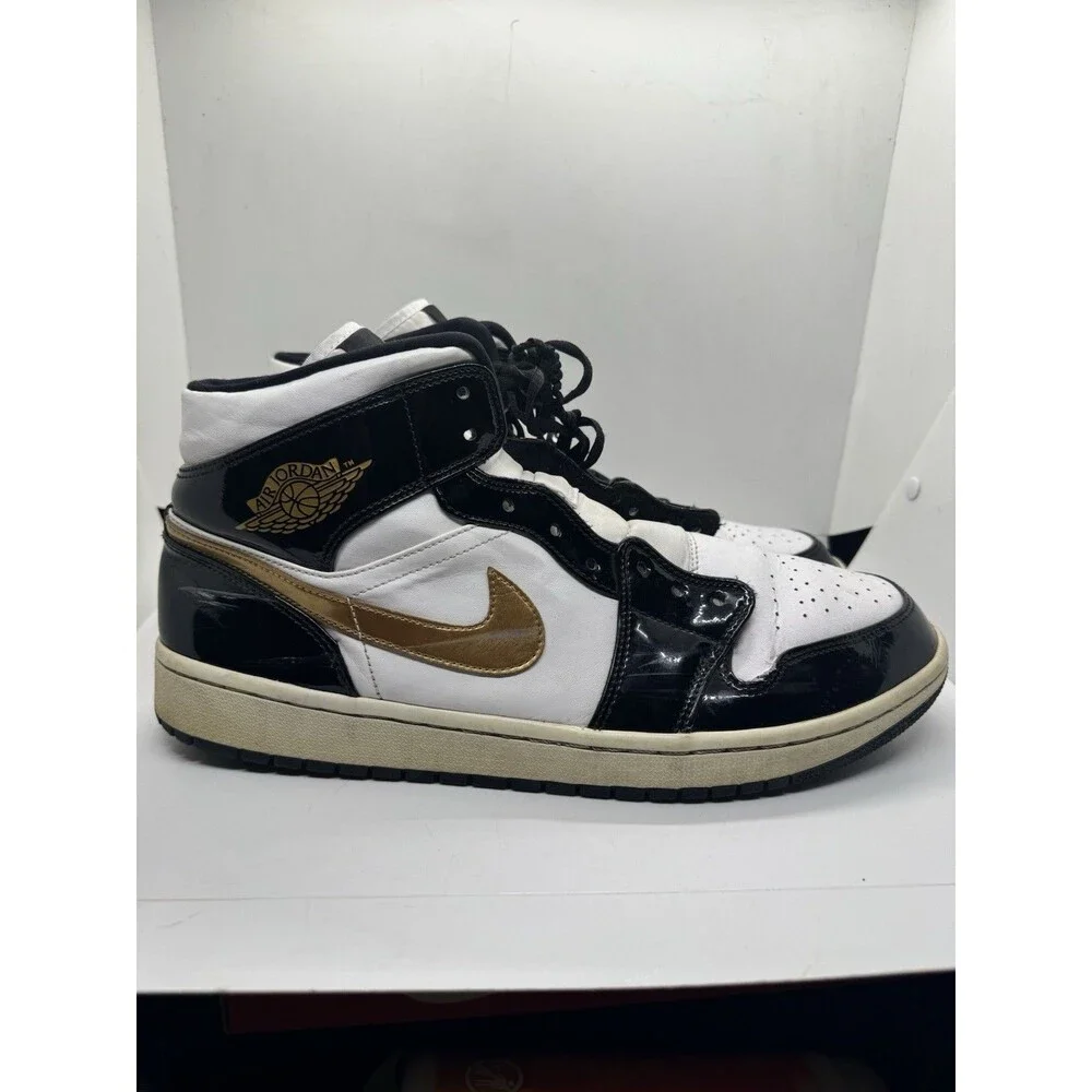 Nike Air Jordan 1 Mid Patent Black White Gold Mens 13 Shoes Sneakers 852542 007